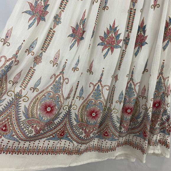 Royal Paisley Gypsy Embroidered Floral Maxi Skirt L White Boho Hippie Rhinestone - Picture 5 of 10